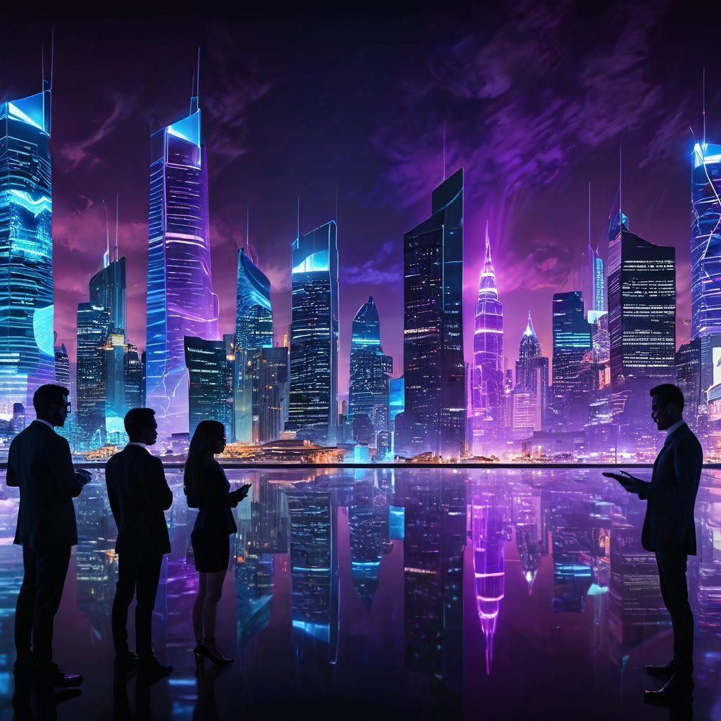 A futuristic city skyline, with glowing data streams flowing between sleek buildings, symbolizing advanced networking solutions. Include holographic displays showcasing digital innovations and a diverse group of professionals collaborating in a vibrant setting. The sky is a brilliant gradient merging blue and purple, hinting at technology's limitless potential. super-realistic. vibrant colors. cyberpunk.