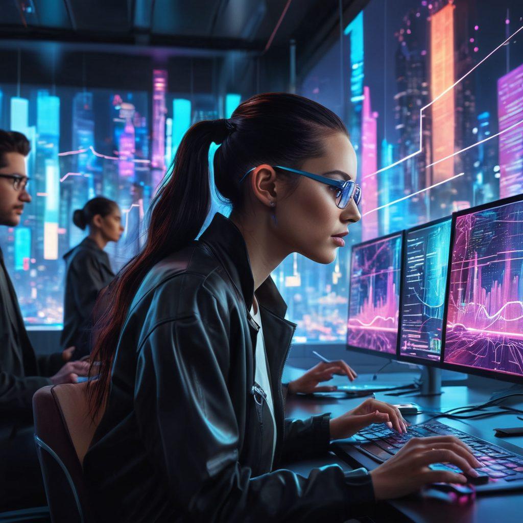 A futuristic landscape filled with holographic data streams and glowing graphs, showcasing an abstract representation of technology trends. A diverse group of professionals analyzing data on transparent screens, with a backdrop of a city skyline illuminated by neon lights. The scene is vibrant and dynamic, capturing the essence of innovation and analytics. super-realistic. vibrant colors. cyberpunk.