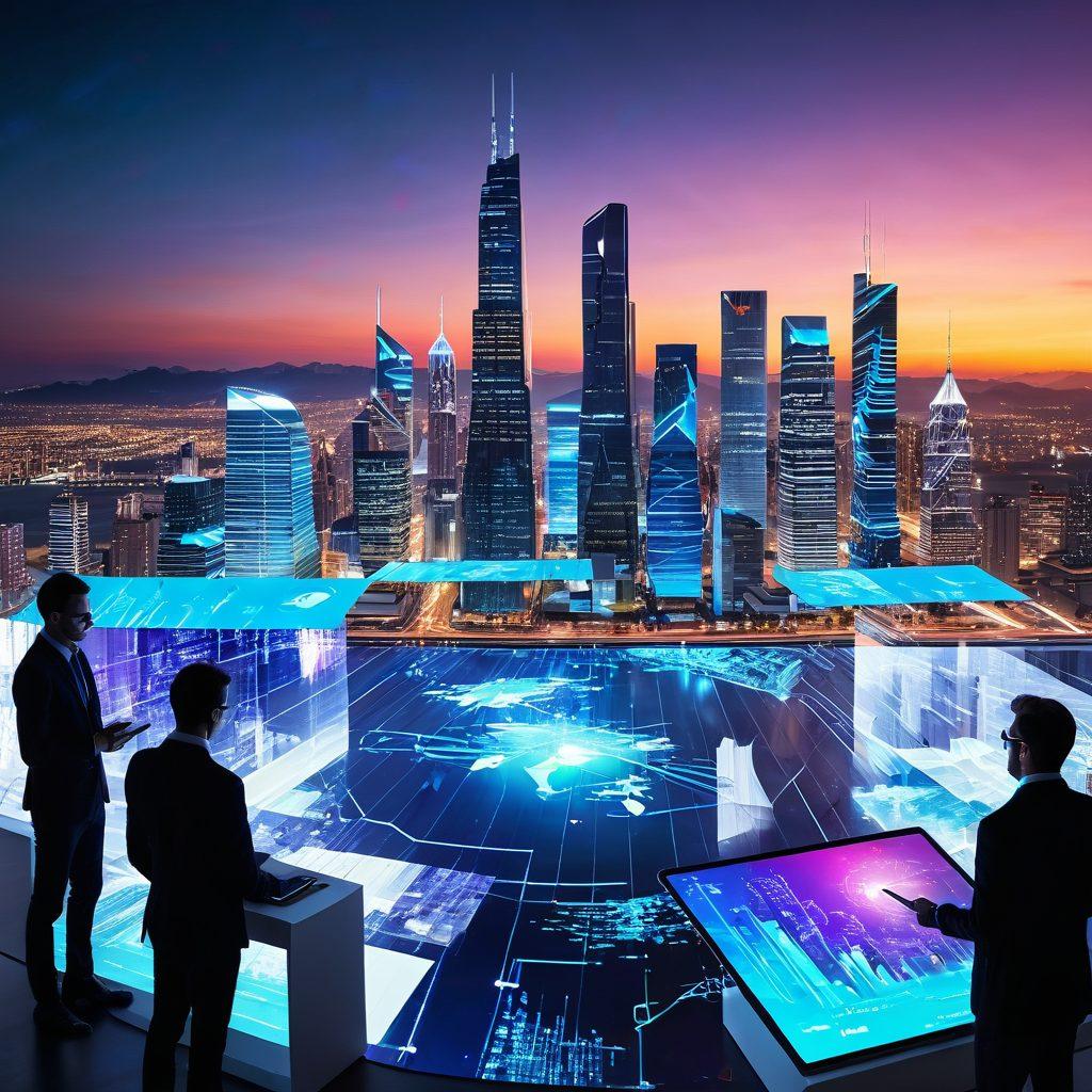 A futuristic landscape showcasing data visualizations and holograms emerging from high-tech devices. Include diverse professionals collaborating, surrounded by digital graphs and circuit patterns, symbolizing innovation and insights. The backdrop features a city skyline with advanced architecture, hinting at the future of technology. Use vibrant colors to highlight the dynamic atmosphere. super-realistic. vibrant colors. 3D.
